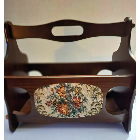 Vintage Magazine Rack Holder Hand Carved Solid Mahogany Wood with Needlepoint Si - Picture 1 of 5